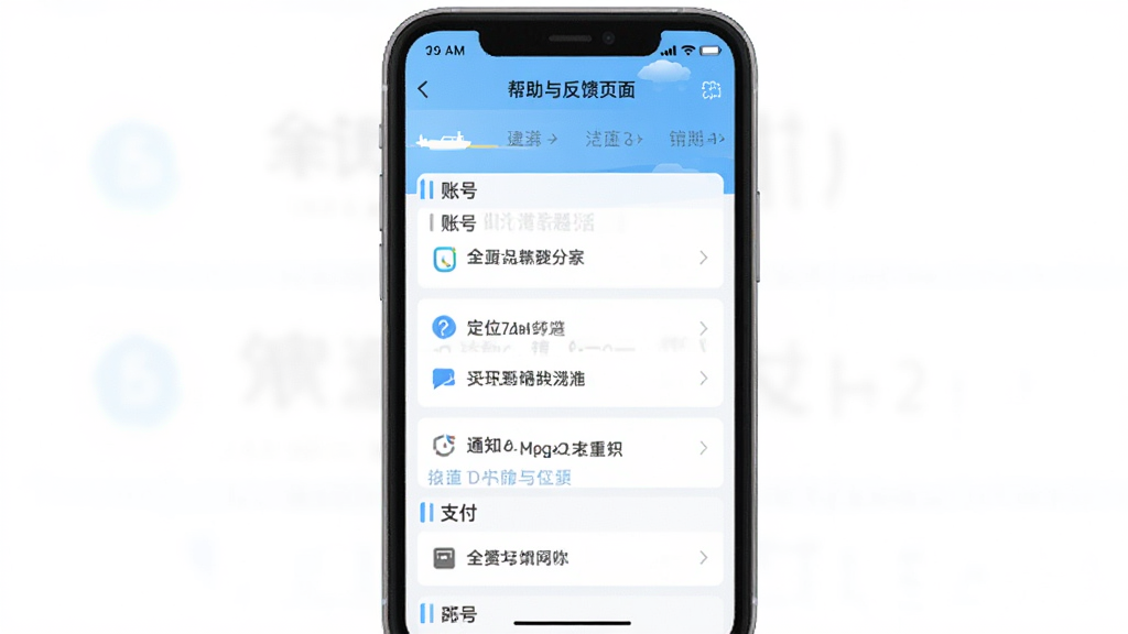 银河港生活APP帮助与反馈页面截图,手机屏幕显示常见问题列表,包含账号、定位、通知、支付等分类,界面以白色和浅蓝色为主,风格简洁清晰,画质干净无多余元素