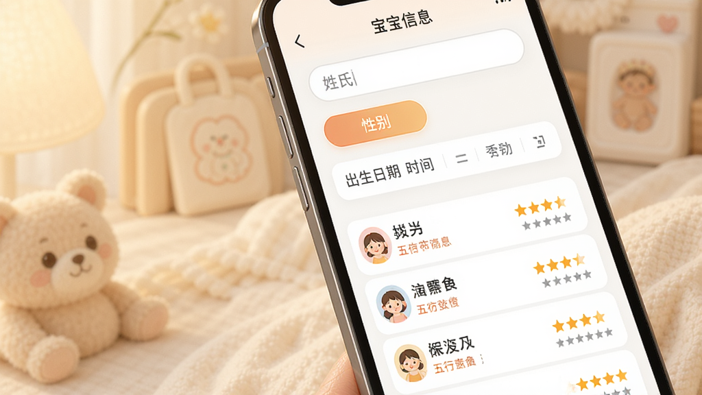 起名取名大师智能起名功能展示,画面中一部手机屏幕显示宝宝信息输入界面,包括姓氏输入框、性别选择按钮和出生日期时间选择器,下方是正在生成的名字列表,每个名字旁边标注五行属性和评分星级。背景是柔和的暖色调,界面风格简洁现代,图标和文字清晰可见,整体干净无杂乱元素,画质细腻。