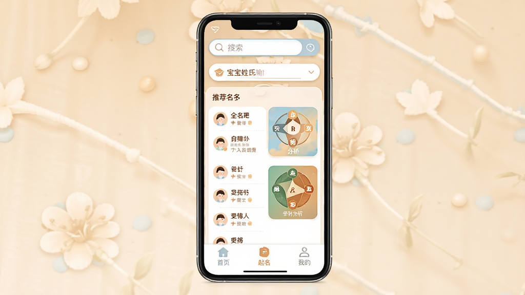 起名取名大师软件主界面全貌展示,画面中央是手机屏幕,屏幕内显示起名取名大师的首页布局,顶部有搜索框和宝宝姓氏输入区域,中间是推荐名字列表和五行分析卡片,底部为首页、起名、我的三个选项卡。整体风格温馨柔和,以暖米色和淡蓝色为主色调,文字清晰,图标圆润,布局干净整洁,无多余元素,画质高清。