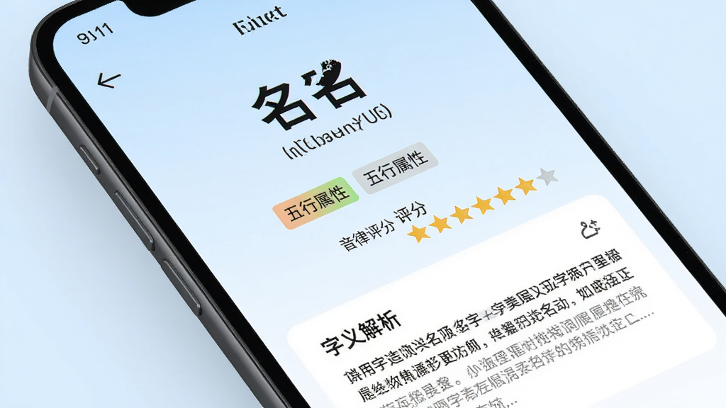 起名取名大师用户界面细节展示,手机屏幕特写显示名字详情页,页面包含名字大字展示、五行属性标签、音律评分星级和字义解析段落。背景为淡蓝色渐变,文字排版清晰有层次,图标简约,整体风格清爽干净,画质锐利无噪点。