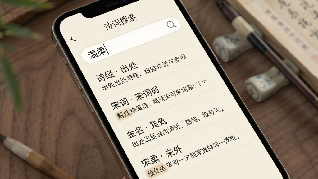起名取名大师诗词取名功能界面,手机屏幕显示诗词搜索页面,搜索框内写着“温柔”,下方列出多条来自诗经和宋词的名字推荐,每条推荐包含名字、出处诗句和释义文字。界面以淡雅的米白色为底色,文字排版疏朗,风格文艺清新,细节精致,画质干净无多余装饰。