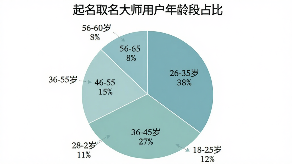 起名取名大师用户年龄分布饼状图,图表标题为“起名取名大师用户年龄段占比”,饼图分为五个扇区,分别标注18-25岁占12%、26-35岁占38%、36-45岁占27%、46-55岁占15%、56-60岁占8%,配色为柔和的蓝绿色系,图表简洁清晰,数据标签明确,背景干净无多余元素。