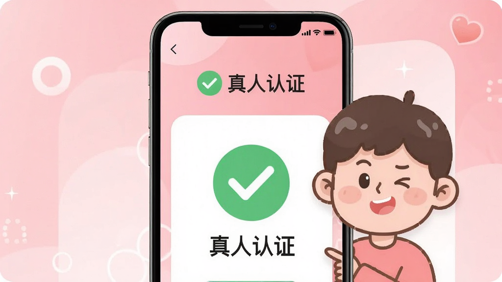 一张展示同城甜爱App真人认证流程的手机截图,画面中一个卡通人物正在对着手机屏幕做眨眼动作,屏幕上方显示认证通过的绿色对勾和“真人认证”字样,背景是柔和的渐变粉色,风格简洁现代,画质干净