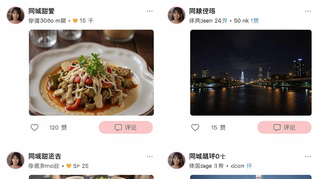 一张同城甜爱App动态广场页面的手机截图,页面中展示了几条用户动态,包括一张美食照片和一张夜景照片,每条动态下方有点赞和评论按钮,界面布局清爽,以白色和浅粉色为主,画质干净