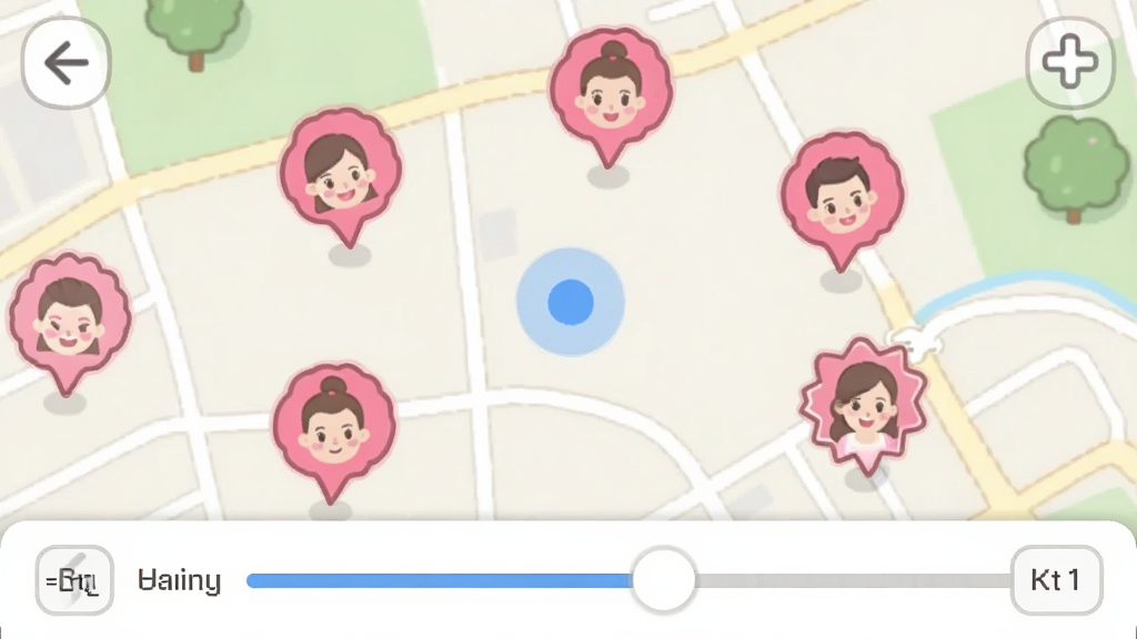 一张同城甜爱App的地图界面截图,地图上显示用户当前位置的蓝色圆点,周围散布着多个粉色头像图标代表附近的用户,地图下方有距离筛选滑块,整体风格卡通可爱,画质清晰,无杂乱元素