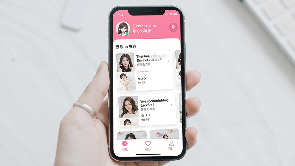 一张手机屏幕展示同城甜爱App的主界面,界面设计以粉色和白色为主色调,顶部显示用户头像和定位城市,中间是卡片式滑动的用户推荐列表,底部有消息、动态、我的三个导航按钮,整体风格清新甜美,画质清晰干净,无多余元素