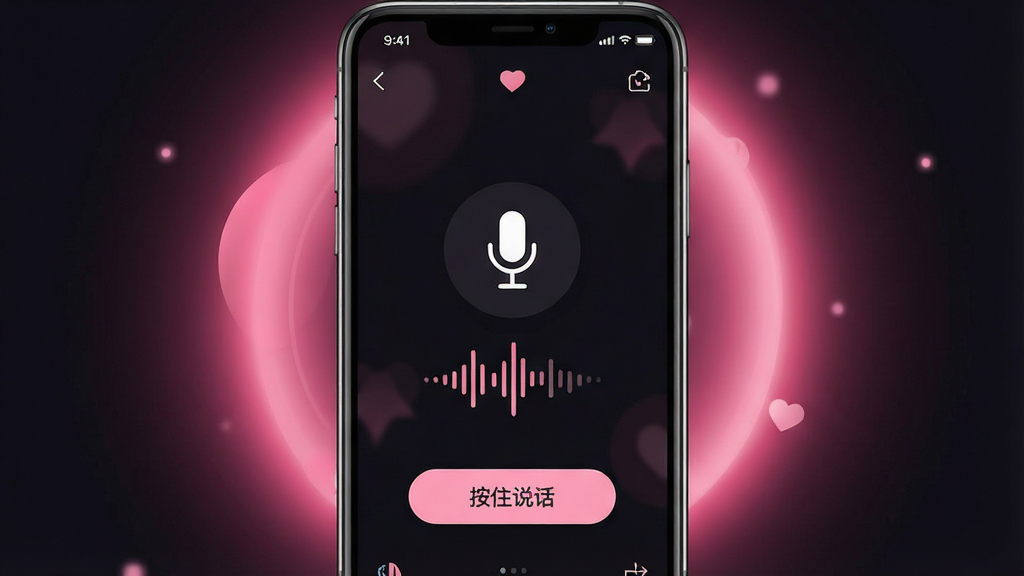 一张同城甜爱App语音聊天界面的手机截图,屏幕中央显示一个麦克风图标和声波跳动的动画,下方有“按住说话”的提示按钮,背景色为深色模式,点缀着粉色光晕,风格现代,画质清晰