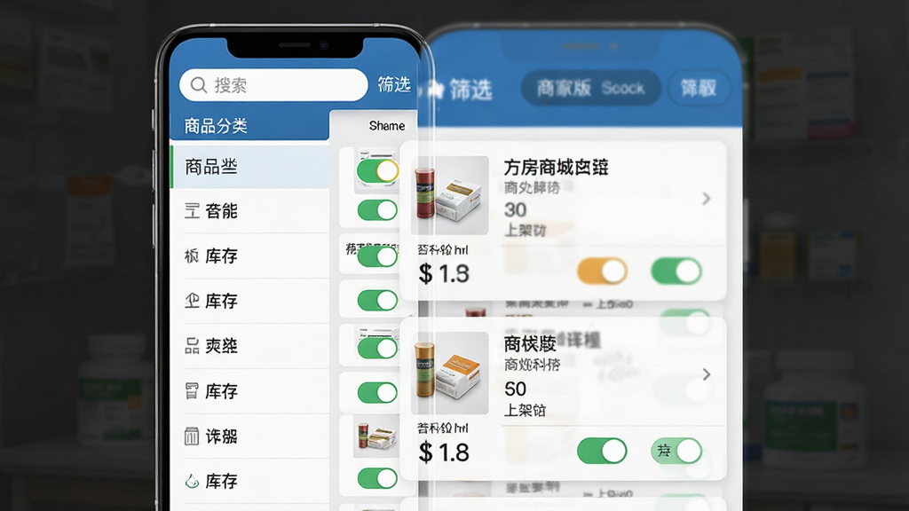 药房网商城商家版功能展示图,主体为手机屏幕上的商品管理界面,左侧是商品分类列表,右侧是商品卡片展示,每个卡片包含药品图片、名称、价格、库存数字和上架开关,屏幕上方有搜索框和筛选按钮,布局分为左右两栏,排版整齐,风格现代扁平,细节上开关按钮有色彩区分,画质清晰,干净,无多余元素