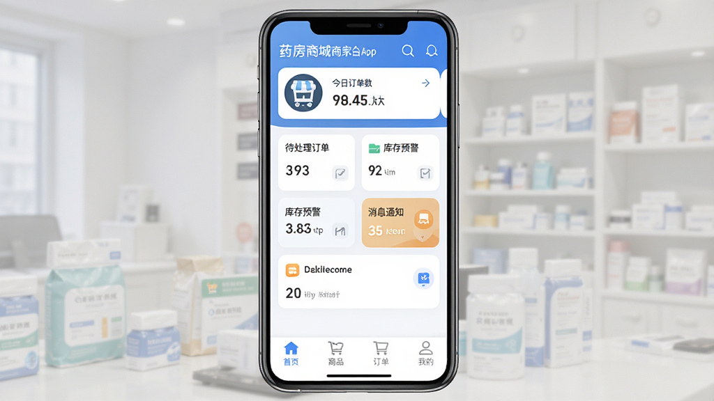 药房网商城商家版App主界面展示,主体为一部智能手机,屏幕上显示商家后台工作台页面,顶部是店铺头像和今日订单数,中间是待处理订单、库存预警、消息通知几个功能卡片,底部是首页、商品、订单、我的四个导航标签,布局清晰,排版规整,风格简洁商务,细节上图标圆润、配色以蓝白为主,画质高清,干净,无多余元素