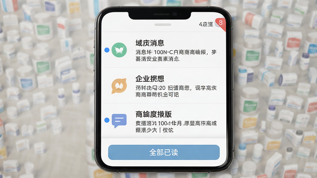 药房网商城商家版消息中心界面,主体为手机屏幕显示消息列表,每条消息左侧有图标区分类型,右侧是消息标题和摘要,顶部有未读消息数量角标,底部有全部已读按钮,布局为垂直列表,排版清晰,风格简约,细节上未读消息有蓝色圆点标记,画质干净,无多余元素