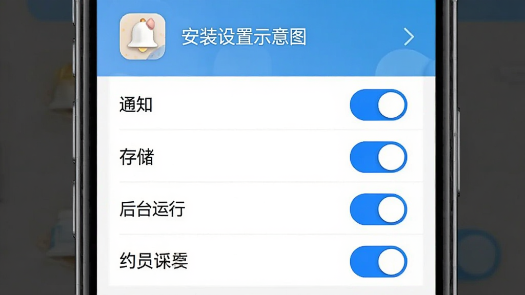 药房网商城商家版安装设置示意图,主体为手机屏幕显示应用权限设置页面,列表中“通知”“存储”“后台运行”等权限开关处于开启状态,屏幕上方有应用图标和名称,布局为垂直设置列表,排版清晰,风格简洁,细节上开关有蓝色高亮,画质干净,无多余元素