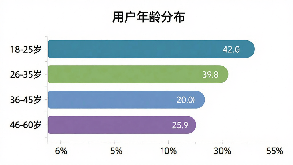 药房网商城商家版用户年龄分布柱状图,主体为横向柱状图,纵轴是年龄段“18-25岁”“26-35岁”“36-45岁”“46-60岁”,横轴是占比百分比,每根柱子颜色不同且有数值标签,图表上方有标题“用户年龄分布”,布局居中,排版清晰,风格商务简约,细节上柱子末端有圆角,画质干净,无多余元素