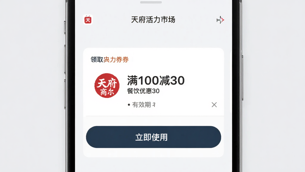 �츮�����г�App�Ŀ�ȯ�����棬��Ļ������ʾһ������ȡ�ġ���100��30�������Ż�ȯ��ȯ����Ƽ�࣬�����̼�Logo����Ч�ڣ��ײ��С�����ʹ�á���ť��������ǳ��ɫ��������ɾ���ˬ������ϸ��