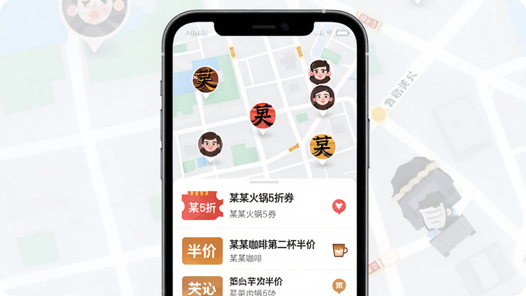 �츮�����г�App���Żݾۺ�ҳ�棬�ֻ���Ļ��ʾ��ͼģʽ����ͼ�ϱ�ע�Ŷ���̼�ͷ��ͼ�꣬�·��б�չʾ��ĳĳ���5��ȯ������ĳĳ���ȵڶ�����ۡ����Ż���Ŀ�������ǳ��нֵ���ͼ������ִ���ƽ�����ʸ���������
