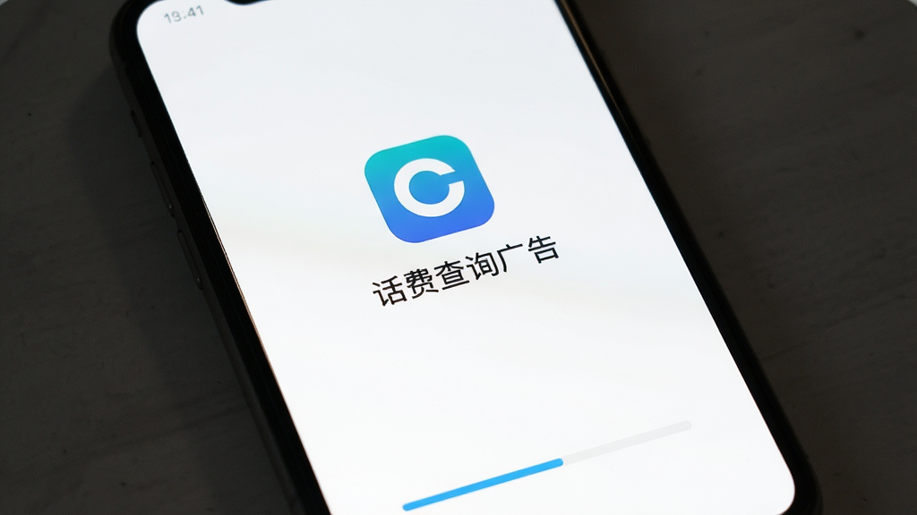 手机话费实时查询零广告启动界面,手机屏幕中央显示软件logo和名称,背景纯白色,没有广告横幅和弹窗,底部有加载进度条,极简风格,画质清晰无多余元素