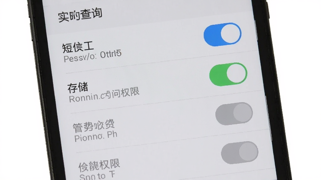 手机话费实时查询权限设置界面,手机屏幕显示应用权限列表,短信权限和存储权限已开启,其他权限灰色关闭状态,界面简洁,蓝色开关醒目,画质干净