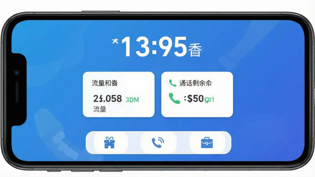 手机话费实时查询软件主界面,蓝色渐变背景,顶部显示话费余额大数字,中间卡片展示流量和通话剩余,底部三个简洁图标按钮,扁平化设计风格,白色文字清晰,画质干净无多余元素