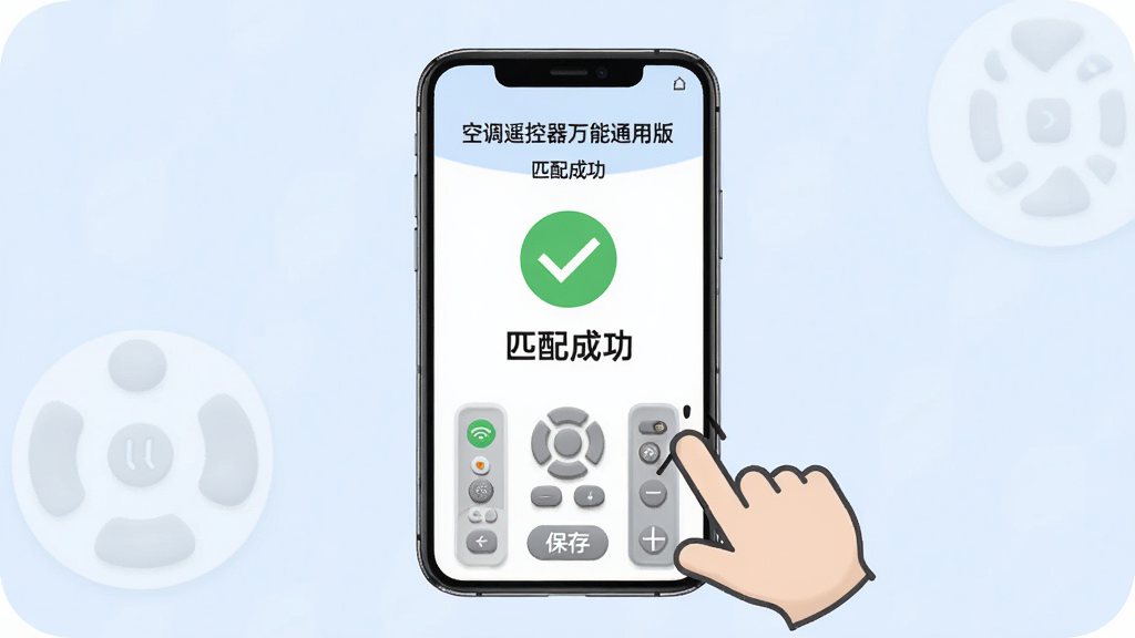 空调遥控器万能通用版安装使用步骤图解,画面中央是手机屏幕,屏幕显示空调遥控器万能通用版的匹配成功界面,界面上有绿色的对勾图标和“匹配成功”文字,手机旁边有手指点击屏幕的图标表示操作步骤,背景是淡蓝色简洁风格,细节清晰圆润,画质干净无多余元素,图片中文字包含“空调遥控器万能通用版”“匹配成功”“保存”
