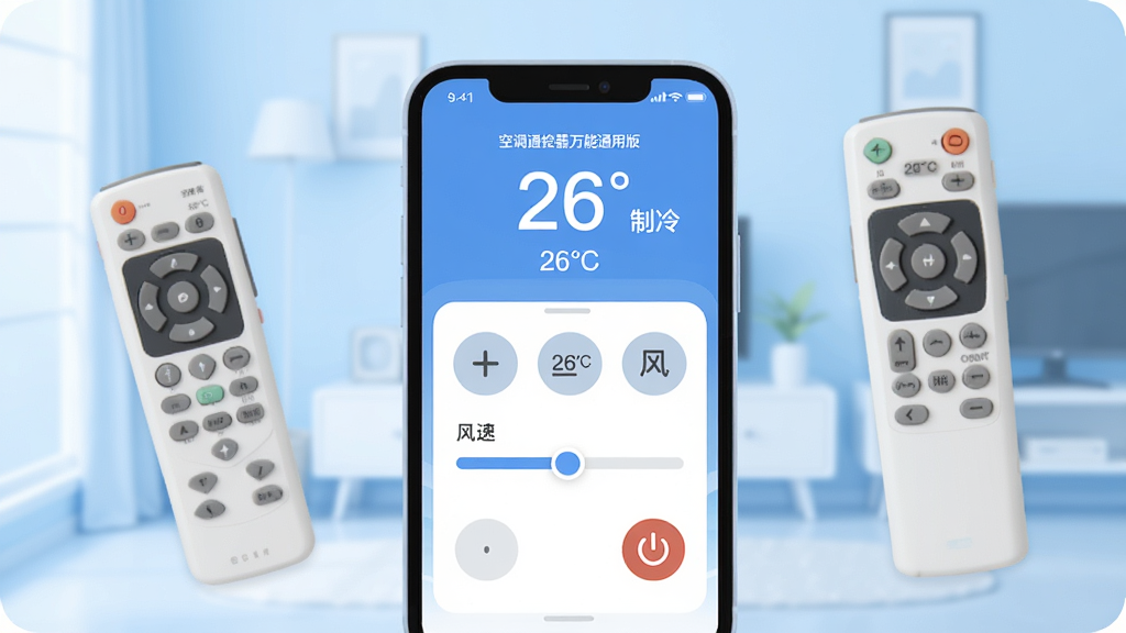 空调遥控器万能通用版应用主界面展示,画面中央是一部智能手机,手机屏幕显示空调遥控器万能通用版的遥控面板,面板上有温度加减按钮、模式切换图标、风速调节滑块和电源开关,屏幕上方显示当前温度26度和制冷模式,手机周围散落着一个真实的空调遥控器作为对比,背景是浅蓝色渐变的家居环境,风格简洁现代扁平化,细节清晰圆润,画质干净无多余元素,图片中文字包含“空调遥控器万能通用版”“26°C”“制冷”