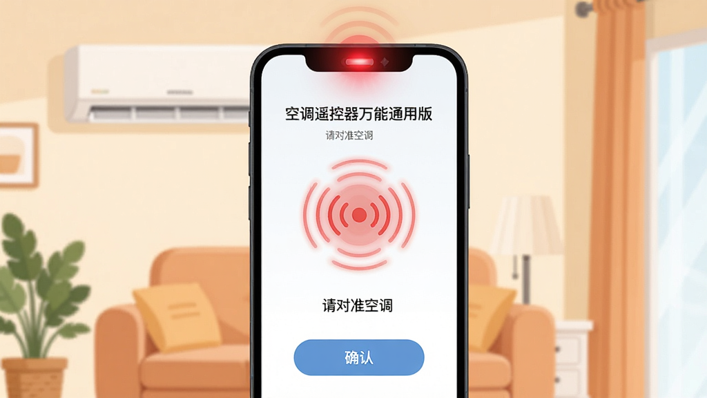 空调遥控器万能通用版一键匹配动画展示,画面中央是手机屏幕,屏幕显示空调遥控器万能通用版的匹配引导页面,页面中间有一个圆形脉冲动画表示正在发送红外信号,下方有“请对准空调”的文字提示和一个确认按钮,手机顶部有红外发射口的光效,背景是温馨的客厅环境,空调挂在墙上,风格简洁现代扁平化,细节清晰圆润,画质干净无多余元素,图片中文字包含“空调遥控器万能通用版”“请对准空调”“确认”