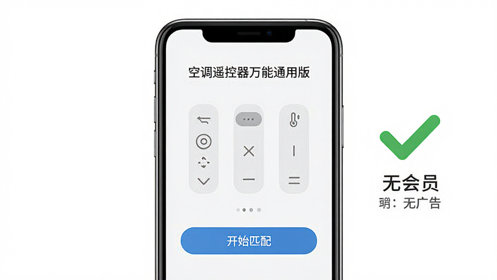 空调遥控器万能通用版清爽界面展示,画面中央是手机屏幕,屏幕显示空调遥控器万能通用版的首页,界面干净无广告无弹窗,只有简洁的遥控图标和“开始匹配”按钮,手机旁边有一个绿色的对勾图标表示无广告无会员,背景是纯白色极简风格,细节清晰干净,画质极简无多余元素,图片中文字包含“空调遥控器万能通用版”“无广告”“开始匹配”