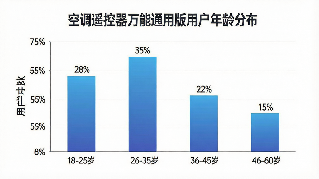 空调遥控器万能通用版用户年龄分布柱状图,画面中央是一个柱状图,横轴标注年龄段18-25岁、26-35岁、36-45岁、46-60岁,纵轴标注用户占比百分比,柱状图用蓝色渐变柱子表示,每个柱子上方标注具体百分比数值18-25岁占比28%、26-35岁占比35%、36-45岁占比22%、46-60岁占比15%,图表标题为“空调遥控器万能通用版用户年龄分布”,背景是白色简洁风格,细节清晰,画质干净无多余元素,图片中文字包含“空调遥控器万能通用版”“用户年龄分布”“18-25岁”“26-35岁”“36-45岁”“46-60岁”
