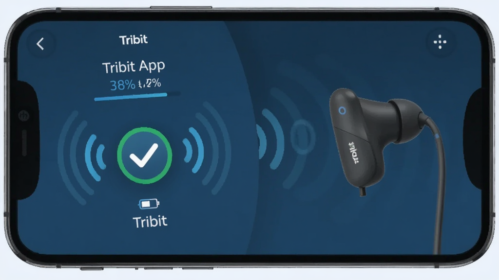 һ��չʾTribit App�豸���ӽ����ͼƬ��������һ���ֻ�������һ��Tribit�����������ֻ���Ļ����ʾ�������ӵ��豸���ƺ͵����ٷֱȣ�����������ɫΪ��ɫ�����м������ӳɹ��ĶԹ�ͼ�꣬��Χ�������źŲ��ƣ������Ƽ��У����ʸɾ���ͼƬ�����ְ���
