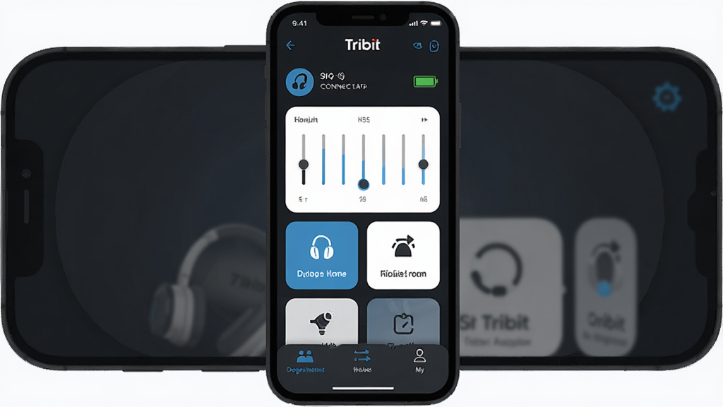 һ��չʾTribit�ֻ�Ӧ�ó����������ͼƬ������������һ�������ֻ�����Ļ����ʾ��Tribit App����ҳ�������ж�������״̬�͵���ͼ�꣬�м��Ǿ��������ڻ���͹��ܿ�Ƭ���ײ����豸��������Ч���ú��ҵ�����ѡ������岼������������ɫ����������ɫ�Ͱ�ɫ���֣�����ִ���ƽ��ϸ��Բ�󣬻��ʸɾ����޶���Ԫ�أ�ͼƬ�����ְ���