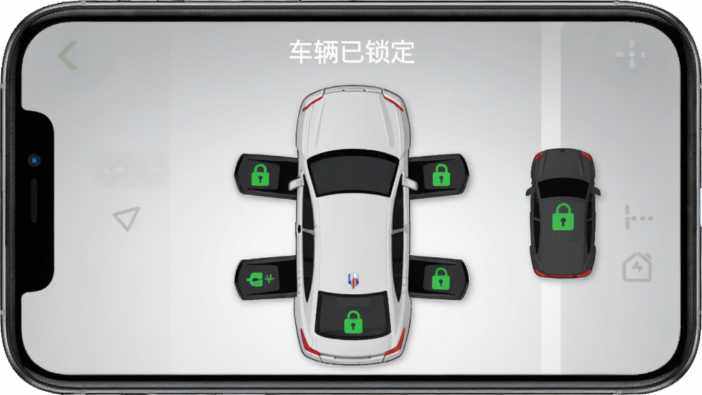 别克遥控器app车门锁控界面,手机屏幕展示车辆俯视图,四个车门和后备箱位置有绿色锁图标,车窗状态显示全部关闭,顶部有“车辆已锁定”文字提示,背景为浅灰色渐变,风格扁平化设计,画质清晰无多余元素