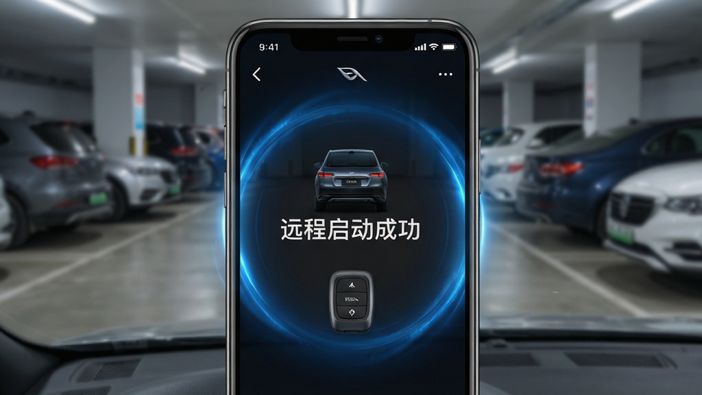 别克遥控器app远程启动功能界面截图,手机屏幕显示车辆引擎启动中动画,周围环绕蓝色光效,背景是停车场实景虚化,画面中间有“远程启动成功”提示文字,风格写实科技感,画质干净无多余元素