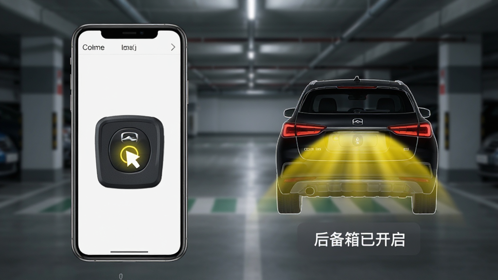 别克遥控器app后备箱开启功能展示,手机屏幕显示后备箱开启按钮被按下状态,车辆尾部示意图有黄色光效扩散,底部有“后备箱已开启”文字提示,背景为地下停车场场景虚化,风格现代写实,画质干净无多余元素