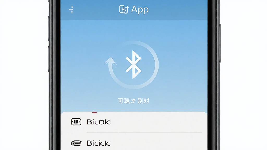 别克遥控器app蓝牙配对连接过程截图,手机屏幕显示正在搜索附近车辆,中间有旋转的蓝牙图标动画,下方列出可连接的别克车辆名称,背景为浅蓝色渐变,风格清爽简洁,画质干净无多余元素