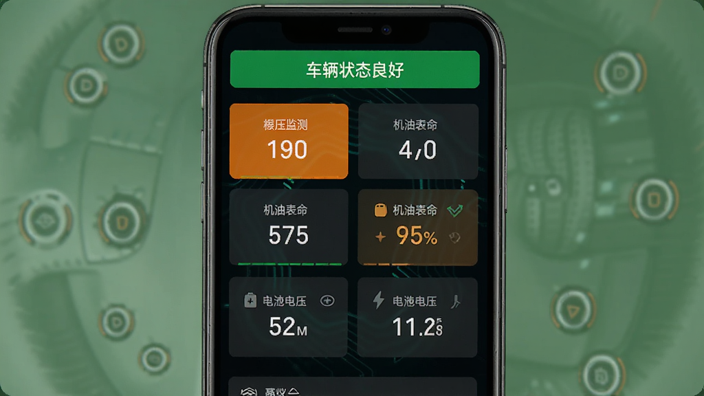 别克遥控器app车辆健康检测界面,手机屏幕显示胎压监测四个轮胎数值、机油寿命百分比、电瓶电压数据,异常项用橙色高亮标注,顶部有“车辆状态良好”绿色提示条,背景为深色科技风格,画质清晰无多余元素