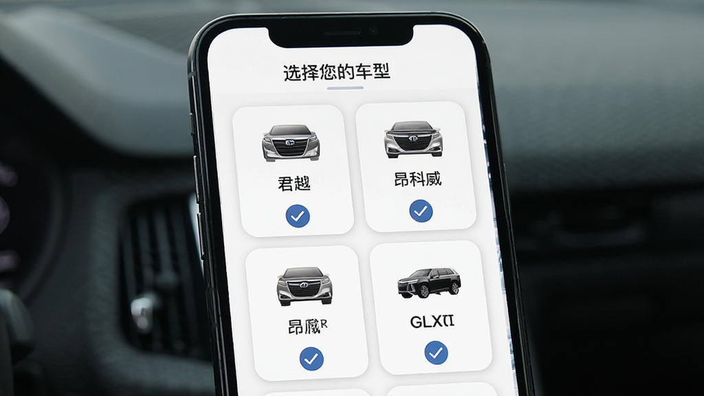 别克遥控器支持车型列表界面,手机屏幕显示别克各车系图标和名称,包括君威、君越、昂科威、GL8等,每个车型下方有勾选状态,顶部有“选择您的车型”标题,背景为白色卡片式布局,风格简洁清晰,画质干净无多余元素
