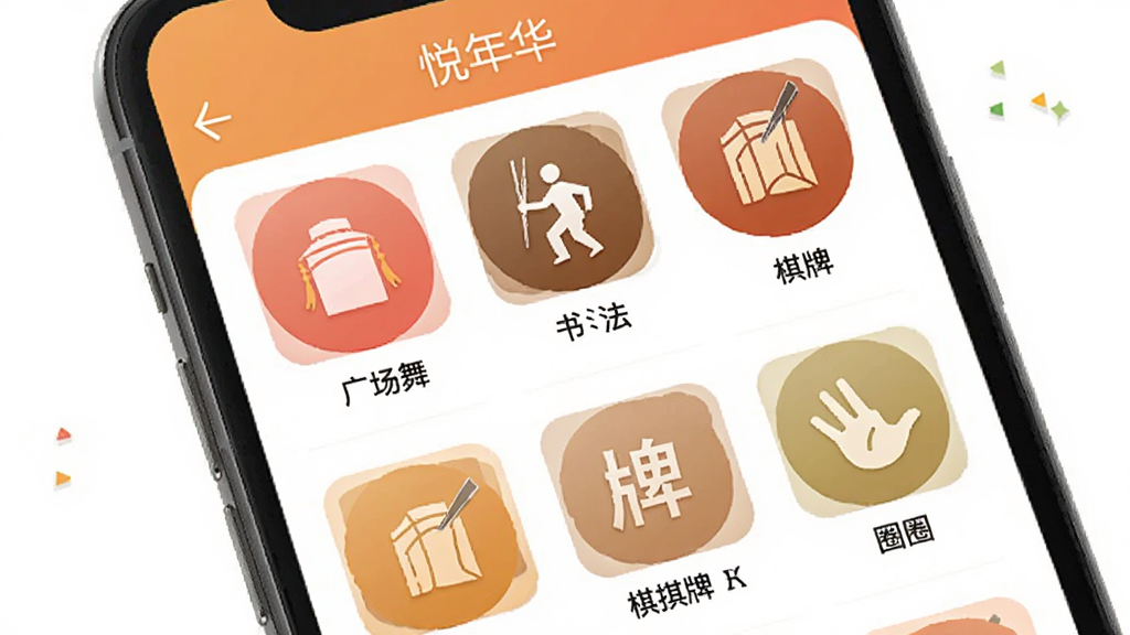 悦年华App兴趣圈子功能界面展示,画面中手机屏幕显示悦年华App的兴趣群组页面,有
