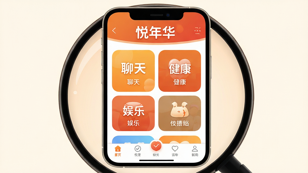 悦年华中老年社交软件主界面展示,画面中央是一部放大显示的智能手机屏幕,屏幕上展示悦年华App的首页布局,顶部有