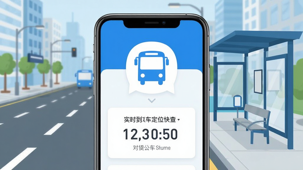 实时公交定位快查 手机应用界面展示 主屏幕显示蓝色公交图标和实时到站倒计时卡片 背景为城市道路和公交站台 扁平化设计风格 画面简洁明亮 色彩以蓝白为主 干净无多余元素 高清画质