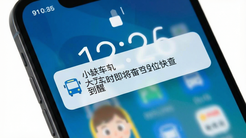 实时公交定位快查 手机通知栏弹出到站提醒 显示公交车即将到站文字 背景为手机锁屏界面 简洁现代风格 蓝白配色 画面干净清晰