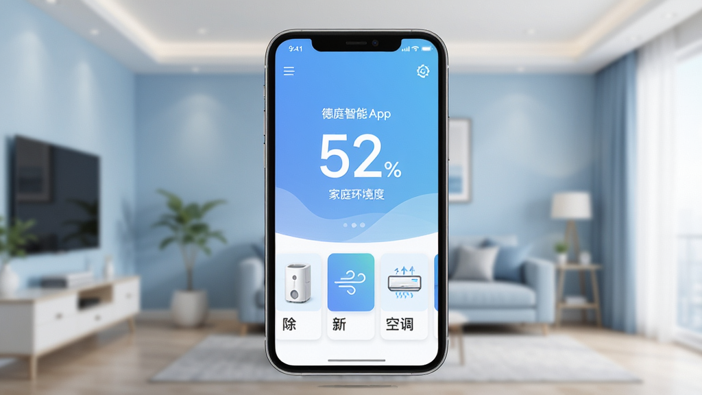 ��ҵ����App������ȫòչʾ���ֻ���Ļ������ʾ��ͥ����ʪ����ֵ52%���·����г�ʪ�����·硢�յ����豸��Ƭ��������ǳ��ɫ����Ҿӳ�������������ˬ�ִ���ϸ�ڸɾ��޶���Ԫ�أ���������