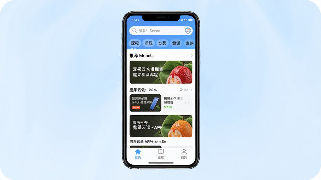 һ��չʾħ���ƿ�APP���Ľ����ͼƬ�������������ֻ���Ļ����Ļ����ʾħ���ƿ�APP��ҳ���������������Ϳγ̷����ǩ���м����Ƽ��γ̿�Ƭ�б����ײ�����������ҳ���γ̡��ҵ�����ѡ�������ǳ��ɫ���䣬������ִ������ʸɾ��������޶���Ԫ��