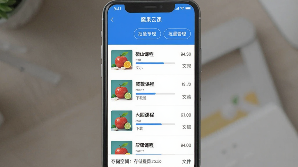 һ��չʾħ���ƿ�APP�γ����ع��������ͼƬ���ֻ���Ļ��ʾ�����б���ÿ���γ�������ͼ���γ����ơ����ؽ��������ļ���С������������������ť���ײ��д洢�ռ���ʾ�����������¼�࣬������ɫ�����ʸɾ��޶���Ԫ��