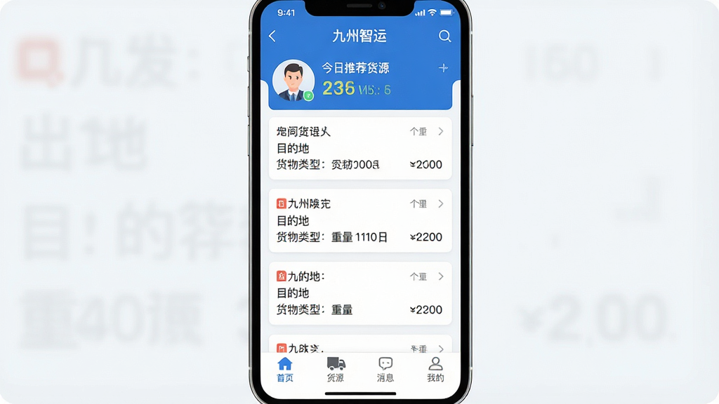 һ���ֻ���Ļ��д�����������Ǿ�������˾����APP�������棬��ɫ�Ͱ�ɫΪ��ɫ����������ʾ˾��ͷ��ͽ����Ƽ���Դ�������м��ǹ������µĻ�Դ�б���Ƭ��ÿ�ſ�Ƭ���г����ء�Ŀ�ĵء��������ͺ�������Ϣ���ײ�����������ҳ����Դ����Ϣ���ҵ��ĸ�ͼ�꣬���������ִ�����ƽ����ƣ�ϸ�����������ʸɾ����޶���Ԫ��