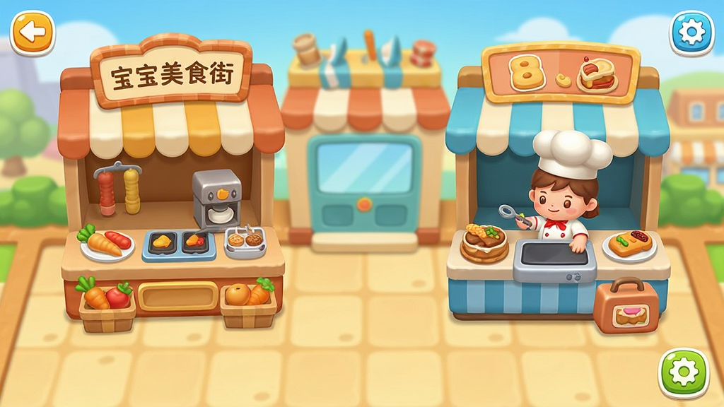 宝宝美食街 儿童模拟经营游戏 主界面全景展示 卡通风格 美食摊位 厨师角色 食材道具 明亮暖色调 布局清晰 画面干净 无多余文字