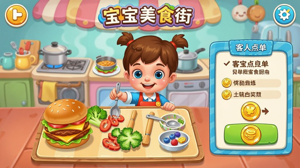 宝宝美食街 创意厨房界面 小朋友自由搭配食材 制作个性化汉堡 客人点单要求 金币奖励 卡通风格 画面明亮 细节清晰
