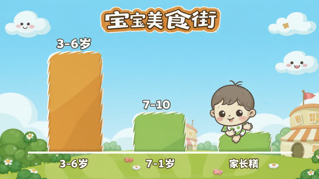 宝宝美食街 用户年龄分布柱状图 3-6岁占比最高 7-10岁其次 家长群体 卡通风格 数据可视化 画面清晰