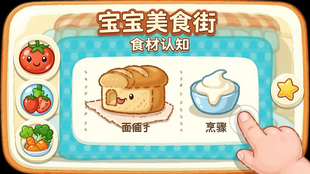 宝宝美食街 食材认知界面 番茄 面包 奶油 蔬菜 卡通图标 小朋友手指点击操作 烹饪步骤展示 色彩鲜艳 画面干净