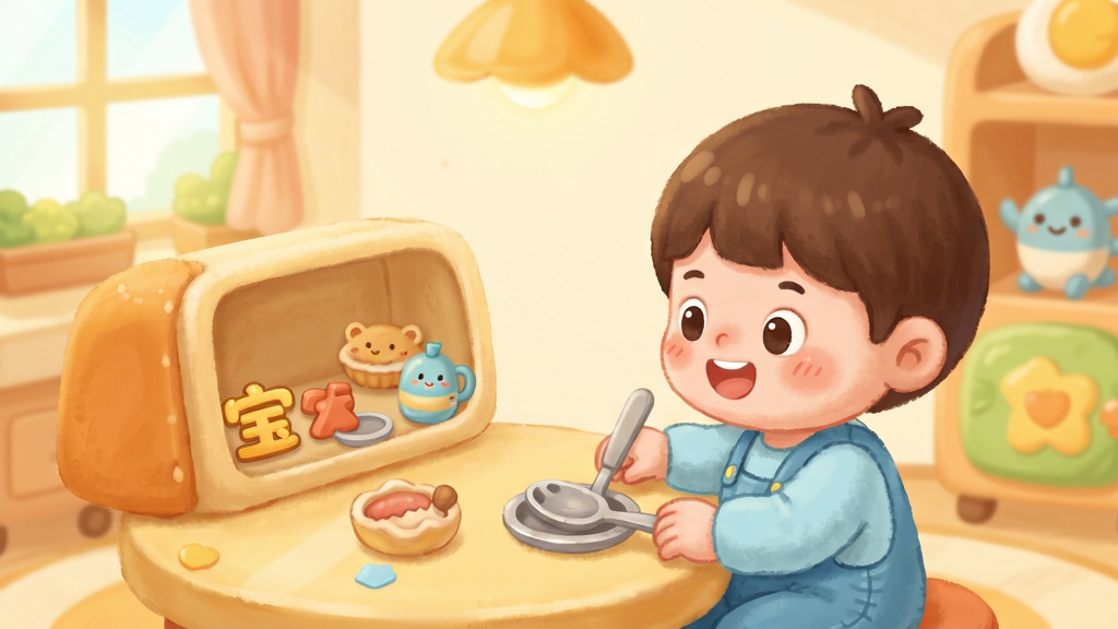 宝宝美食街 无广告纯净界面 家长放心 儿童专注玩耍 卡通风格 温馨场景 画面干净 无多余元素