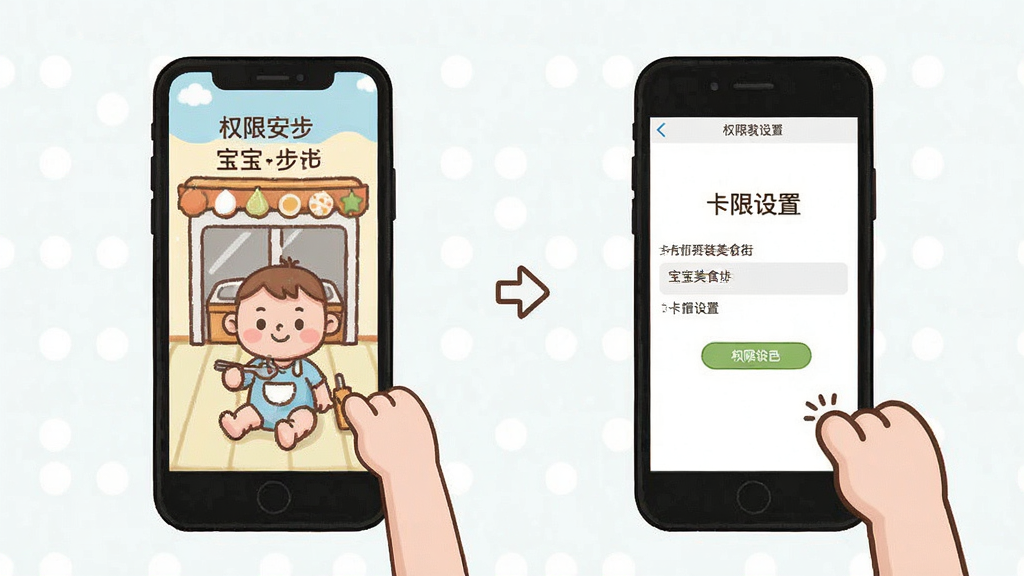 宝宝美食街 安装教程示意图 手机屏幕展示安装步骤 权限设置界面 卡通风格 简洁明了 画面干净