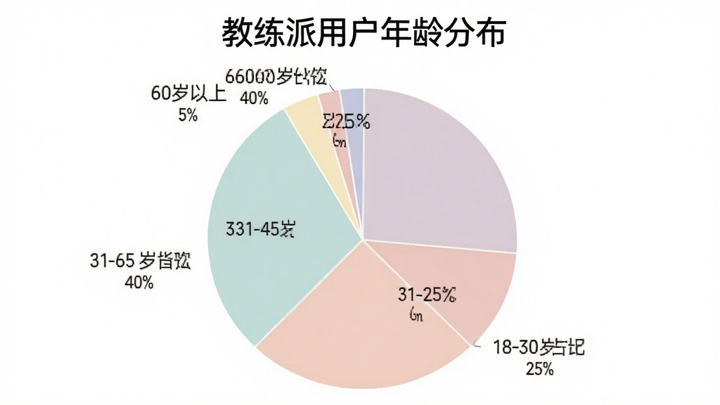 一张饼状图展示教练派用户年龄分布,18-30岁占比25%,31-45岁占比40%,46-60岁占比30%,60岁以上占比5%,图表风格简洁清晰,配色柔和,标题
