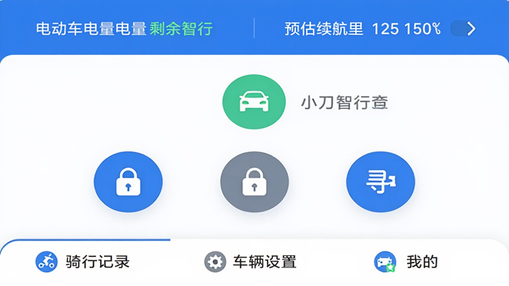 С������App�����棬��ɫ�Ͱ�ɫΪ��ɫ����������ʾ�綯��ʣ�������Ԥ��������̣��м��ǳ�������״̬ͼ���������������Ѱ������Բ�ΰ�ť���ײ�Ϊ���м�¼���������á��ҵ�����ѡ����������ִ�����ƽ����ƣ�Բ��ͼ�꣬���ʸɾ��������޶���Ԫ�أ�ͼ�а������֡�С�����С�